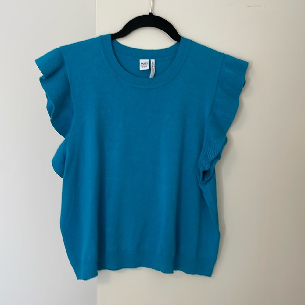 Twik Blue Ruffled Cap Sleeve Sweater